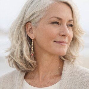 J. Jill Gold Dangle Earrings Red Bead Cluster Drop Boho Artisan Minimalist NWT